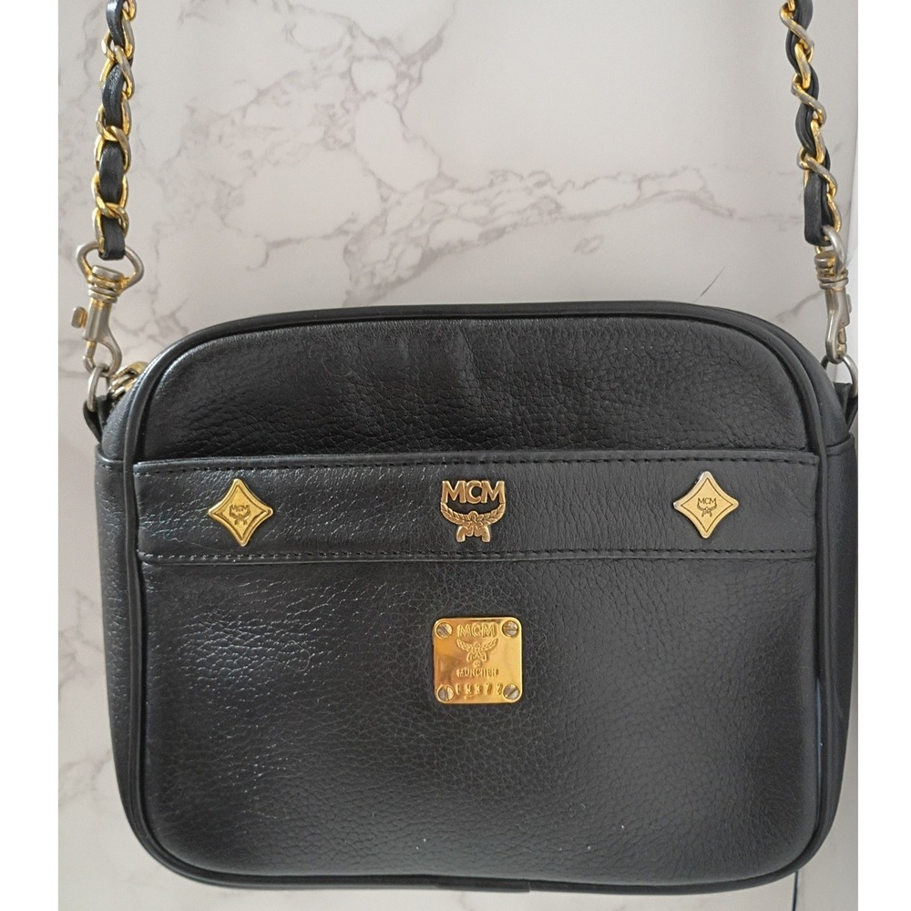 MCM Vintage Black Pebbled Leather Studded Chain Crossbody Camera Bag - EUC